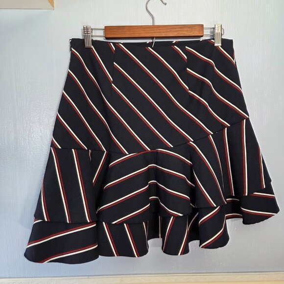 Express 10 Navy Blue Red Stripes Layered Flowy Ruffle Holiday Mini Skirt - Picture 4 of 9